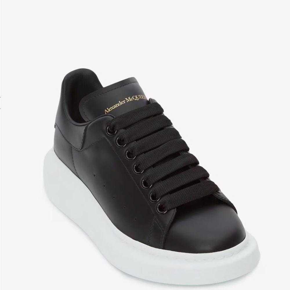 Authentic Alexander McQueen Black Leather Platform Sneaker with White Sole
